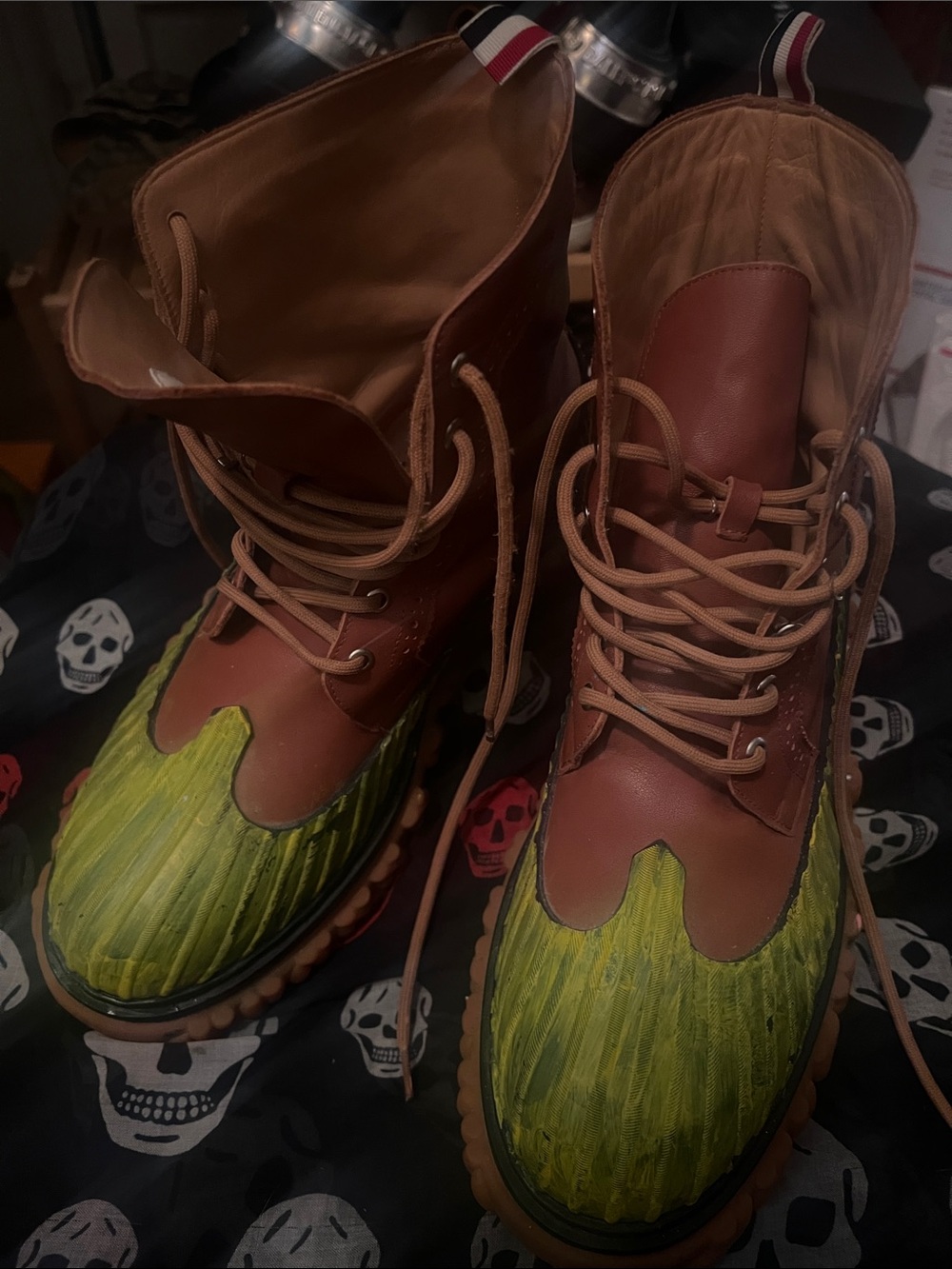 Thom Browne Men's Brown Leather Lace-Up Boots with Green Accent